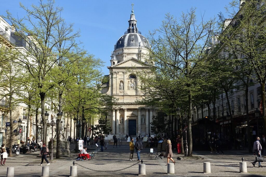 Place de la Sorbonne and the Sorbonne chapel in Paris, France
