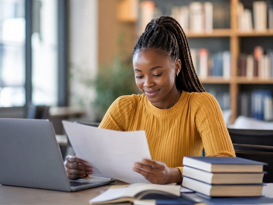 African student reviewing scholarship application guidance